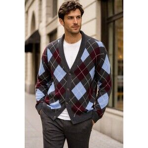 ZARA Mens Argyle Classic Knit Wool Blend XL Cardigan Sweater Grey Blue Maroon